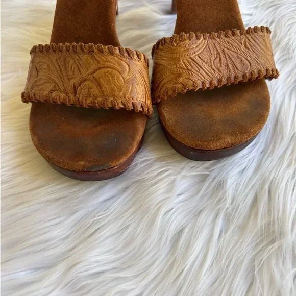 Steve Madden Donna Leather Slide Sandals Brown Wood Heel Boho Mules Size 8.5 - Picture 6 of 7